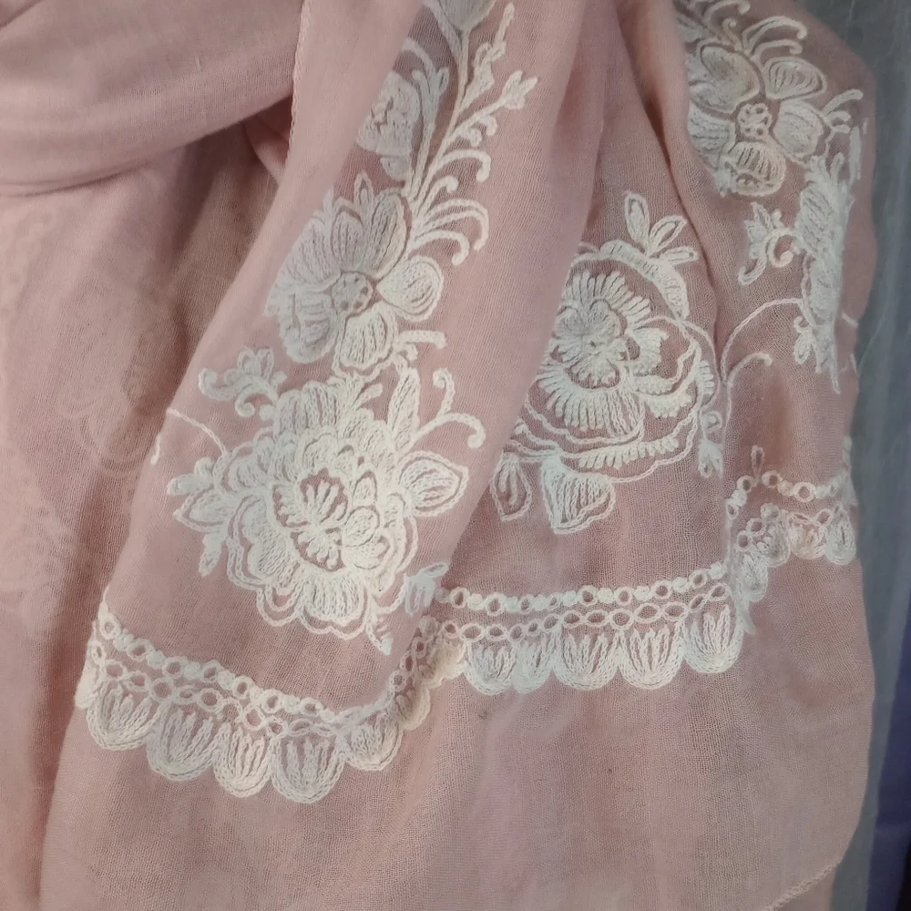 Pink Scarf with Cream Floral Embroidery Design